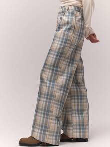 MUSERA 阔腿修身格纹口袋细节长裤，秋季复古乡村风，返校季必备，奶油黄休闲女装，奶油糖色，夏季百搭 - 彩色 - 查看 3