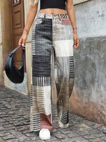 EMERY ROSE Jeans taille haute à jambe large avec imprimé graphique, style de rue décontracté pour femmes