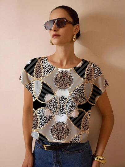 Glamance Edward Ramos 女式几何图案休闲简约豹纹圆领衬衫，适合通勤，秋冬豹纹上衣女式夏季衬衫短袖夏季上衣