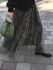 FRIFUL Women's Elastic Waist Sheer Leopard Print Pleated Hem Casual Versatile Skirt, Autumn - Brown - View 5