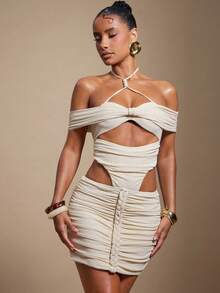 Hauture Đầm ôm body bóng bẩy gợi cảm hở vai buộc dây sau lưng cho nữ dự tiệc - Vàng nhạt - Xem 4