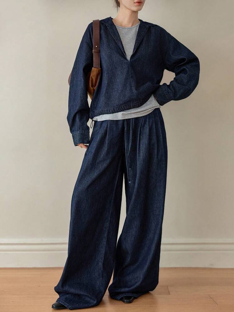 Autumn Navy Blue Casual Everyday Women Denim Suit,Vintage Washed Deep V-Neck Loose Top & Straight Leg Pants Set,Business Fall Winter Clothes