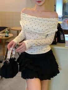 DAZY 女士露肩波点韩版优雅长袖T恤，春秋季 - 杏色 - 查看 2