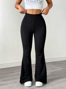 SHEIN EZwear 女式纯色休闲开衩紧身喇叭裤 - 黑色 - 查看 4