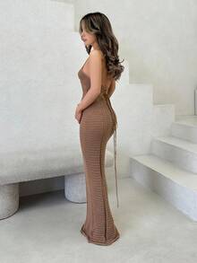 Jemour 钩针挂脖式紧身胸衣面板系带后背长裙夏季假日性感伊比沙岛适合春季度假海滩优雅 - 咖啡棕 - 查看 4