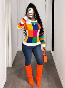 BamGleam 女士休闲圆领长袖多色格子条纹简约针织毛衣秋冬 - 彩色 - 查看 7