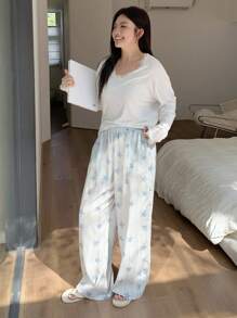 Dazy Plus 加大码弹力腰带条纹星形印花宽松直筒睡裤，适合秋冬季节，舒适保暖 - 白色 - 查看 4