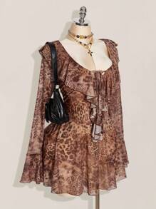 SHEIN ICON Plus Size Women's Leopard Mesh Print V-Neck Ruffle Trim Mini Dress, Y2k, Suitable For Autumn, Date, , Fall Dresses Women,Elegant Clothes - Multicolor - View 4