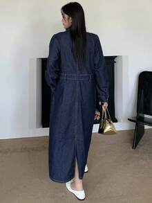 Dazy Plus Vestido vaquero ajustado de manga corta y lavado oscuro, prenda de vestir de denim para primavera/otoño - Azul lavado oscuro - Ver 2
