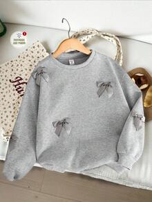 Tween Girl All-Match Versatile Casual Crew Neck Loose Solid Gray Sweatshirt With Bow Decor, Autumn/Winter
