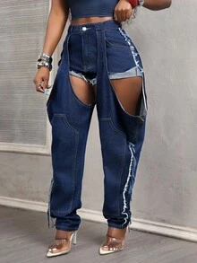 SHEIN BamGlam 时尚镂空口袋女式牛仔裤 - 深色水洗藍 - 查看 5