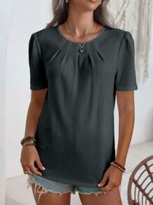 SHEIN LUNE 夏季休闲纯色泡泡袖衬衫 - 灰色 - 查看 5