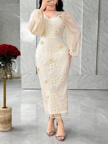 Modelyn Women's Elegant 3D Floral Embroidery Dress - Apricot - View 5