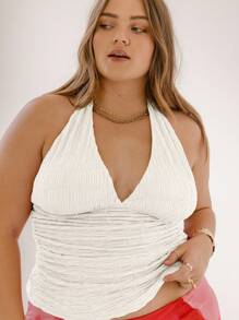 Aralina Curve Plus Size Ruched Halter Neck Slim Fit Backless Tie Up Going Out Top - White - View 7