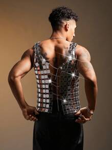 FeverCity Men's Silver Sequin Linked Fashionable Top, 2000s Style - Silver - View 2