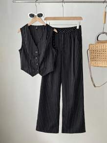 Elamini 女士職場利器——直條紋西裝馬甲和裤子套裝 - 黑色 - 查看 3