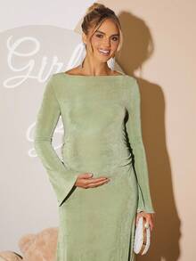Loomaby 孕妇纯色船领长袖优雅连衣裙 - 綠色 - 查看 3
