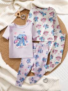 Conjunto de 4 piezas de pijama casual y ajustado para bebés niñas, con estampado de dibujo de Stitch, ropa cómoda para estar en casa para Halloween, primavera/otoño/invierno - Multicolor - Ver 9