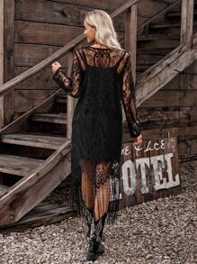 LanaWest Halloween Costume Black Round Neck Lace Long Sleeve Hollow Tassel Camisole Women's Western Casual 2 Pieces Set Fall Cloth For Women - Black - View 7