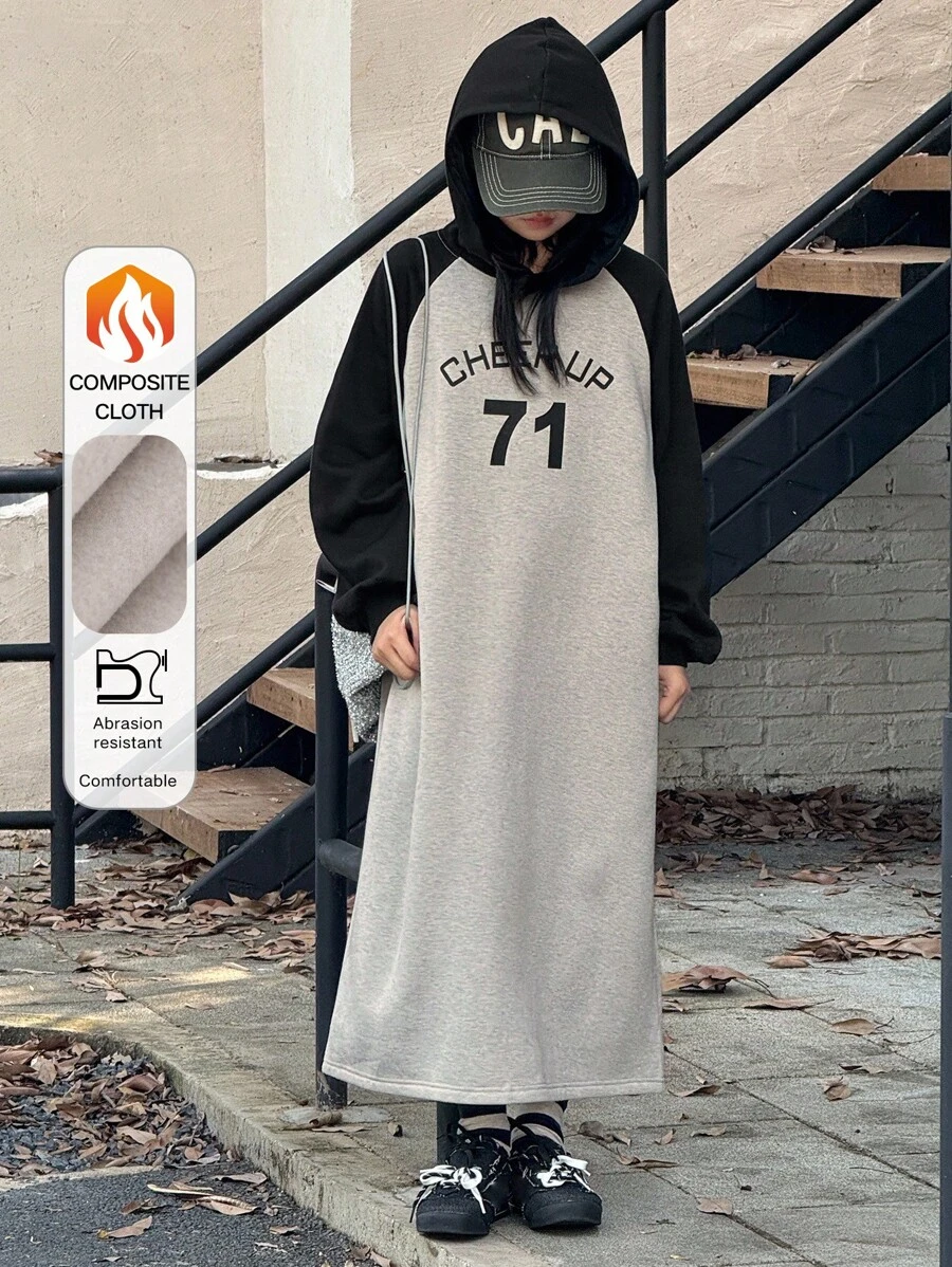 Dazy Kids 少女针织抓绒连帽印花连衣裙，秋冬季 - 灰色 - 查看 1