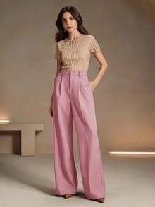 EURMUSE 女式都市时尚通勤宽松直筒裤 - 淺粉色 - 查看 4