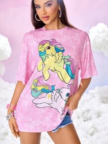 My Little Pony X SHEIN Women's Casual Everyday Street Chic Cartoon Pegasus & Tie-Dye Print Loose Fit T-Shirt, Summer - Pink - View 3