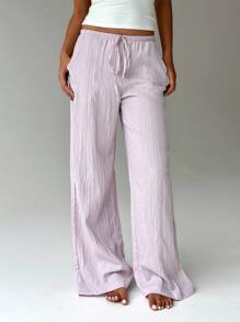 FavEase Women's Solid Color Drawstring Waist Pockets Casual Versatile Long Pants - Baby Pink - View 5