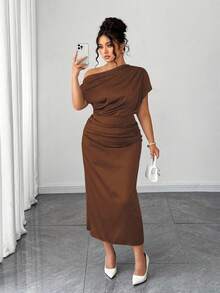 Elenzga Plus Size Women's Satin Asymmetric Ruffle Collar Pleated Waist Slim A-Line Maxi Dress, Summer