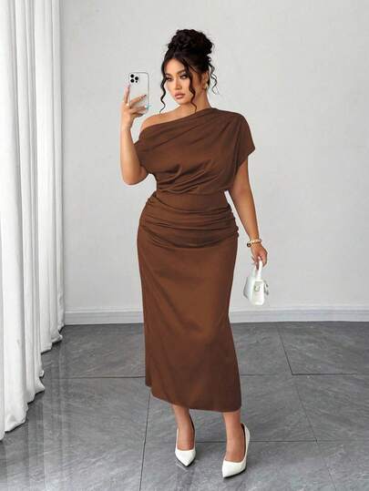 Elenzga Plus Size Women's Satin Asymmetric Ruffle Collar Pleated Waist Slim A-Line Maxi Dress, Summer