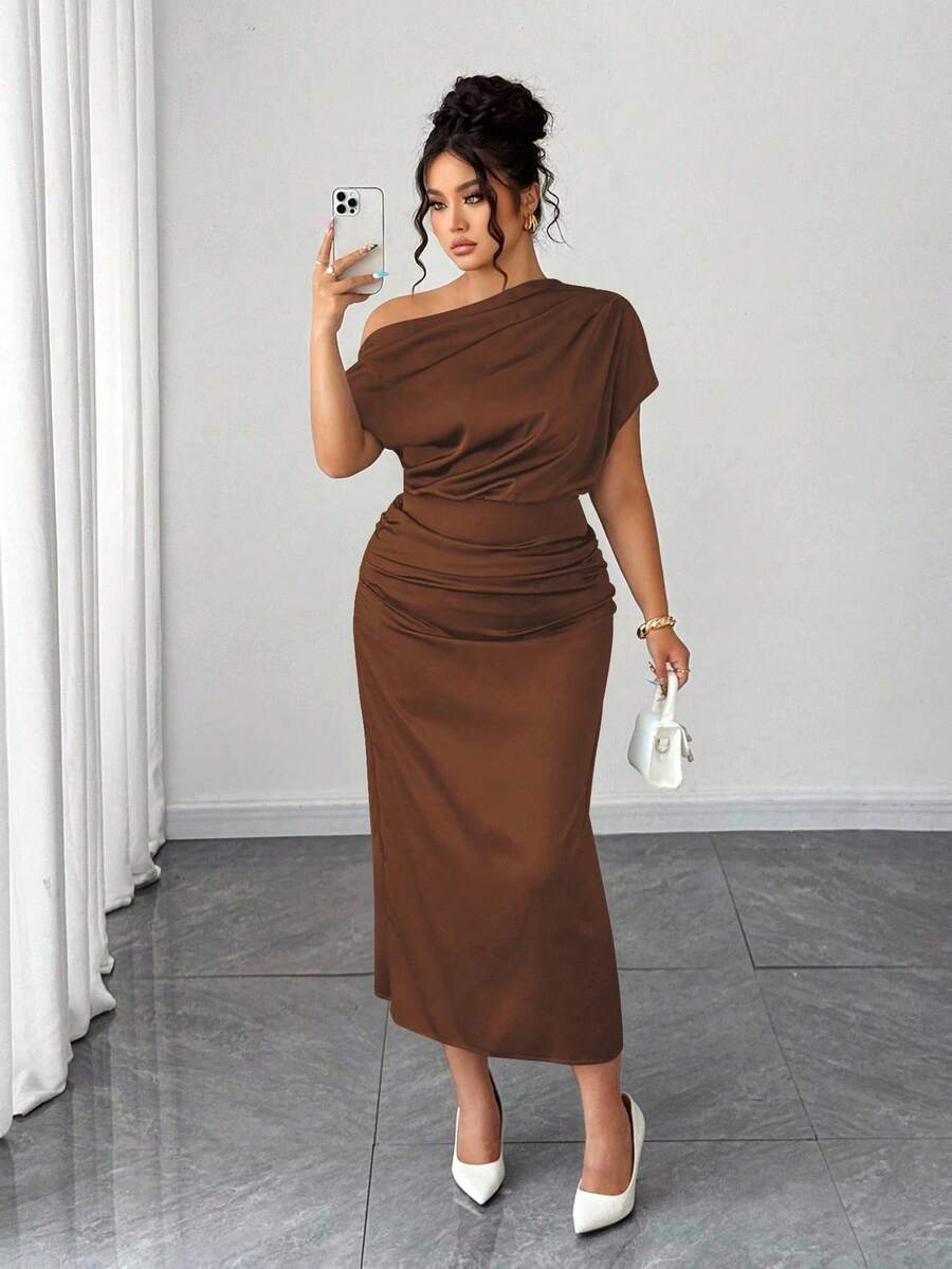 Elenzga Plus Size Women's Satin Asymmetric Ruffle Collar Pleated Waist Slim A-Line Maxi Dress, Summer