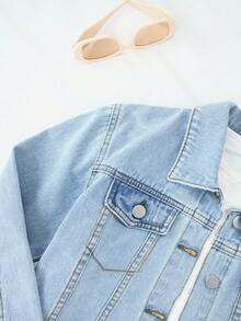 2pcs/Set Young Girls Light Blue Streetwear Fashion Denim Vest & Shorts Suit,Tween Girls Soft Fabric Daily Wear Back-To-School School Autumn Outfit - Light Wash - View 7