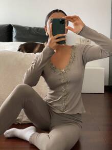 DAZY 2 件套蕾丝拼布裹身上衣和裤子套装，女士休闲装，秋季睡衣 - 咖啡棕 - 查看 1