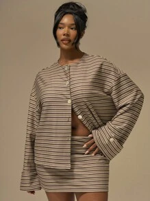 MUSERA 条纹纽扣长袖上衣，仅限可爱夏季假日优雅度假浪漫农舍 - 彩色 - 查看 2