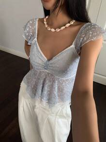 CovetEZ Women Lace Ruffle Hem Sweetheart Neck Cap Sleeve Elegant T-Shirt,Rave Top,See Through Top,Summer Tops - Blue - View 5