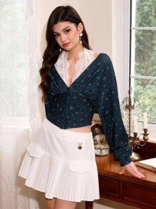 SHEIN MOD Women's Casual Ditsy Floral Cinched Waist Lace Trim Sweatshirt Sweatshirt In Fall/Winter - Navy Blue - View 2