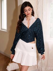 SHEIN MOD Women's Casual Ditsy Floral Cinched Waist Lace Trim Sweatshirt Sweatshirt In Fall/Winter - Navy Blue - View 5