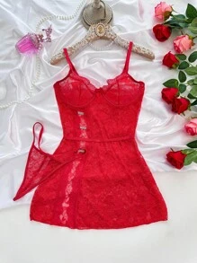 女士性感內衣套裝（鋼托吊帶裙、丁字褲）情人節版 - 紅色 - 查看 4