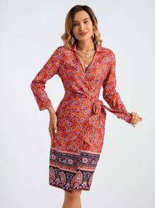 SHEIN LUNE Women's Lace-Up Long Sleeve Floral Patchwork Casual Midi Dress Summer Outfits For Women - Multicolor - View 4