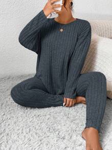 SHEIN Frenchy Plus Size Women's Solid Color Round Neck Drop Shoulder Long Sleeve Ribbed T-Shirt And Pants Casual 2 Pieces Set,Fall Clothes For Women - Dark Grey - View 1