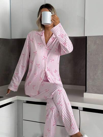 EURM Women Pcs Button Front Gestreepte Bot Pattern Homewear Schattige Pajama Set Roze Womens Sets Bows Two Piece Up view 4