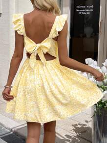 SHEIN LUNE Women's Casual Bow Print Tie Back Mini Dress With Flutter Sleeves - Yellow - View 9