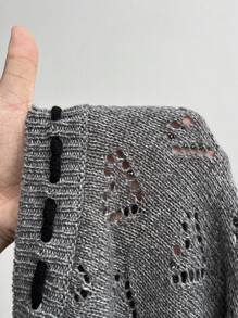 Elenzga Áo len cardigan dệt kim tay phồng khoét lỗ phía trước cỡ lớn cho nữ - Xám - Xem 7