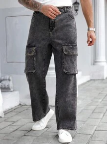 Manfinity Homme Quần Cargo Streetwear Nam có túi lớn và thiết kế đinh tán bằng đồng, vải denim đã giặt - màu đen - Xem 4
