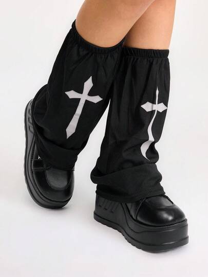 Grunge Punk 1 Pair Warm Leg Warmers For Women With Black Cross Pattern