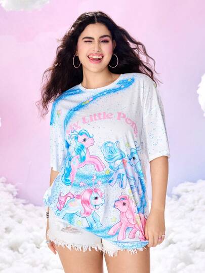My Little Pony X SHEIN Camiseta de manga corta con cuello redondo y estampado de dibujos animados, talla grande, para verano