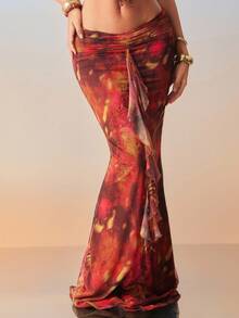 Hauture Falda larga ajustado de malla con volantes y estampado abstracto de animal, sexy para fiesta de verano y vacaciones