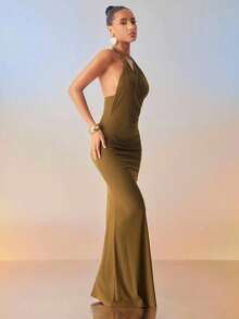 Hauture 女式性感扭领露背弹力柔软舒适夏季针织度假派对连衣裙 - 綠色 - 查看 4