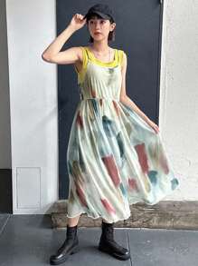 FRIFUL 女士扎染印花网眼高腰吊带连衣裙，适合夏季太阳裙 - 彩色 - 查看 8