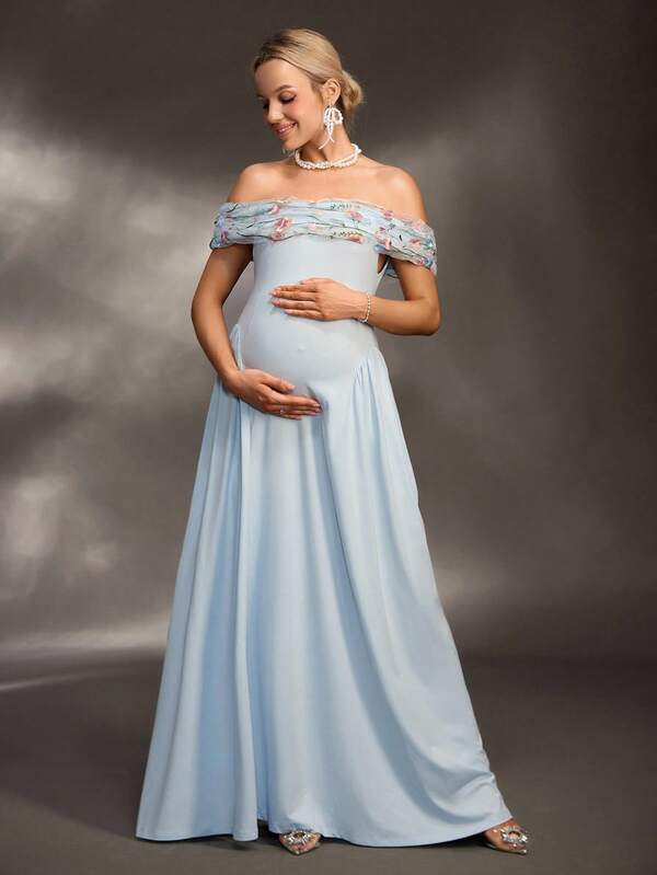 Cheriluna Maternity Elegante vestido de maternidad de línea A con hombros abiertos, bordado de malla y cinturón para sesión de fotos formal