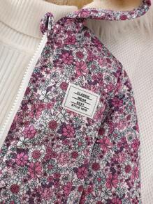 SHEIN Vintaside Kids Vintage Ditsy Floral Hooded Jacket For Baby Girls, Zipper Closure, Thermal Lined, Casual & Fashionable Winter Outerwear Fall